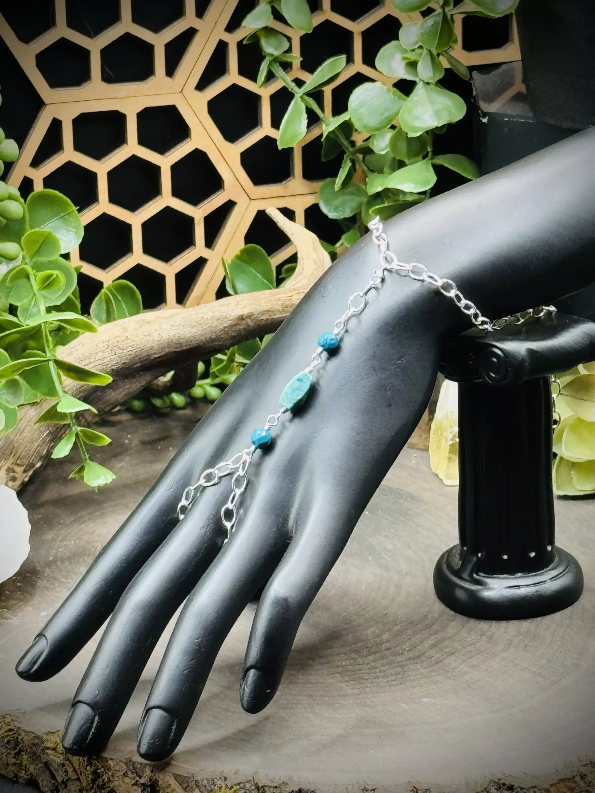 Hand Chain Bracelet with Turquoise Beads - Image 2