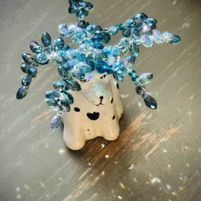 Iridescent Blue Beaded Plant Sun Catcher in Vintage Dog Salt Shaker