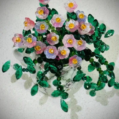 Pink Floral Beaded Plant Sun Catcher in Vintage Miniature Floral Pitcher